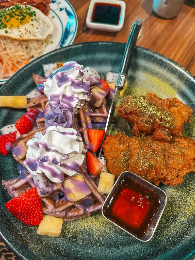 Ube waffles and japanese fried chicken brunch at Sunda New Asian in Midtown Tampa